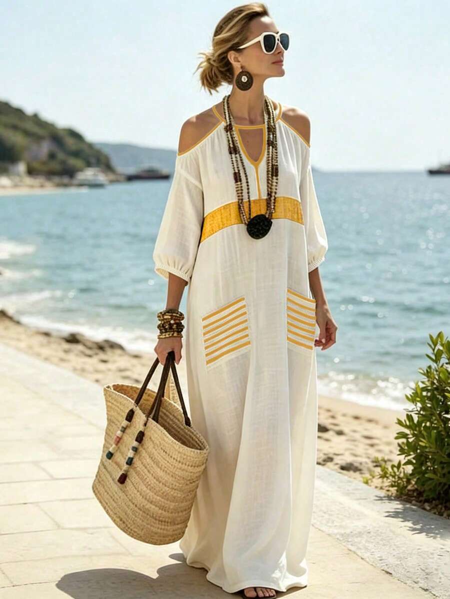 Breezaya Women's V-Neck Backless Shoulder Strap Minimalist Tropical Vacation Dress Beach White Summer - Yellow - View 1