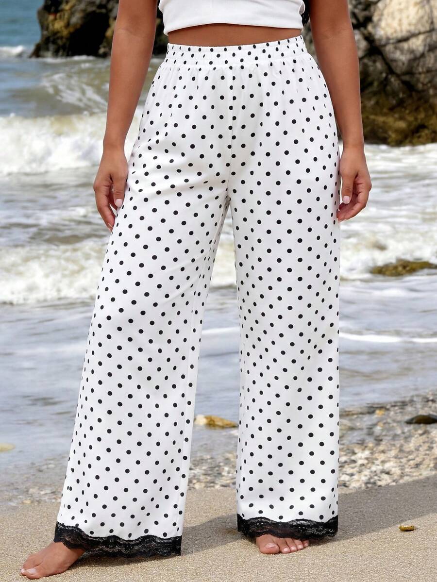 SHEIN PETITE CURVE Plus Size Women's Spring/Summer Loose Casual Everyday Versatile Polka Dot Print Contrast Lace Trim Design Long Pants - Black and White - View 1