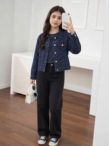 青少年女孩Y2K風格牛仔夾克外套，春夏秋冬皆宜，深藍色提花牛仔短版夾克，修身牛仔夾克外套，舒適柔軟面料，日常時尚百搭，適合上學與通勤 - 深色水洗藍 - 查看 4