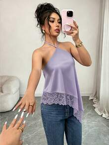 GlowEve 夏季新款女款背心上衣，黑色背心，掛脖綁帶設計，不對稱下擺蕾絲飾邊，性感女款背心，優雅蕾絲裝飾露背修身背心，性感無袖上衣，適合派對、雞尾酒會、正式場合及商務休閒穿搭，女款沙灘裝 - 紫色 - 查看 6