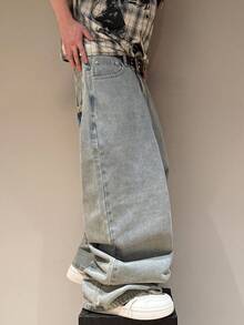 STEELVANCE Street Style Retro Fashion Versatile Distressed Studded Design Statue Of Liberty Letter Print Loose Straight Leg Wide Leg Casual Denim Jeans - Light Wash - View 4