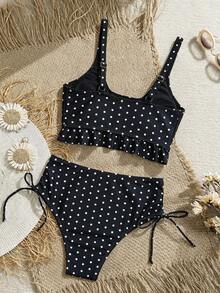 Swim Mod Women's Summer Beach Holiday Polka Dot Print Ruffle Hem Drawstring Sexy Tank Top Bikini - Black and White - View 2