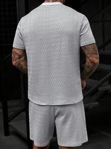 Manfinity Homme 男士迴紋針圖案壓花短袖T恤與短褲套裝，復古風格，適合日常休閒、週末、度假、輕鬆職場、半正式場合，舒適，送給男朋友或丈夫的禮物，節日 - 白色 - 查看 2