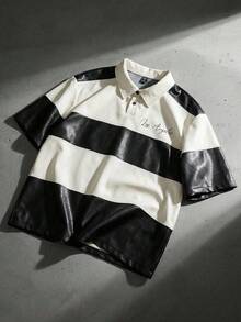 ROMWE MEN Men's Spring/Summer PU Patchwork Plus Size POLO Shirt - Black and White - View 1