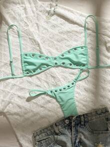 SHEIN Swim 2026新款女式素色性感平口比基尼泳衣套裝，海灘度假夏季休閒性感泳裝 - 薄荷綠 - 查看 3