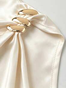 Franclia Asymmetrical Neckline Metal Buckle Decor, Ruched Waist Fitted Bodysuit - Apricot - View 3