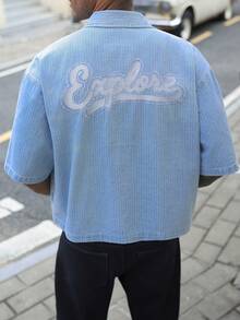 QuarKem 男士街頭風休閒多口袋刺繡條紋藍色牛仔短袖襯衫 - 淺色水洗藍 - 查看 2