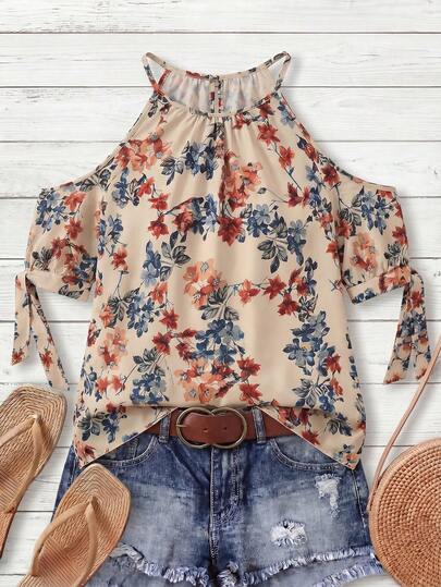 SHEIN CURVE+ Damen Große Größen Off-Shoulder Schleife Bedruckte Lässig Bluse