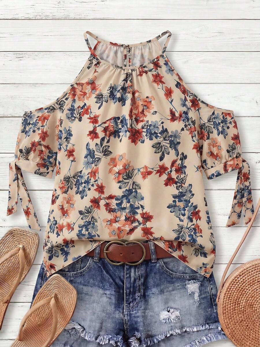 SHEIN CURVE+ Plus Size Women's Off-Shoulder Bow-Tie Printed Casual Blouse Vacation Beige Summer - Multicolor - View 1