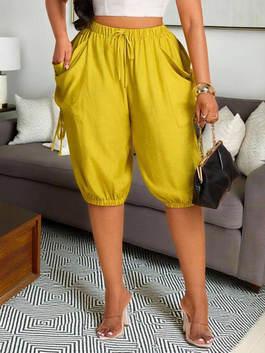 Brilight Spring Summer Casual Commute Brunch Style: Cropped Trousers With Elasticized Cuffs And Decorative Side Pockets, Mustard Yellow - Mustard Yellow - View 1