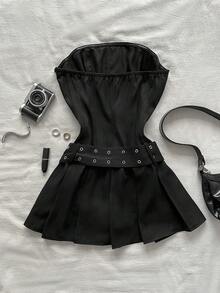 Attitoon Women's Solid Color Corn Buckle Design Fashionable Date Party Mini Bandeau Dress - Black - View 2