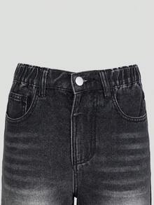 SHEIN 女童牛仔短褲，夏季新品，復古水洗彈性腰寬鬆直筒毛邊休閒牛仔短褲，Y2K街頭風，黑色舒適純棉牛仔，適合校園穿搭、夏季度假、日常出行、戶外、派對等多種場合 - 黑色 - 查看 4
