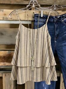 Parysyn Áo hai dây cổ yếm và áo tank top dệt kim cỡ lớn dành cho nữ, thích hợp cho kỳ nghỉ hè, phong cách thường ngày. - Màu be - Xem 3