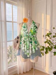 Comfortcana Top de mujer talla grande con cuello halter, lazo, volantes y corte en A, estampado de leopardo y patrón floral tropical, primavera/verano - Verde - Ver 4