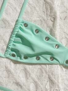 SHEIN Swim 2026新款女式素色性感平口比基尼泳衣套裝，海灘度假夏季休閒性感泳裝 - 薄荷綠 - 查看 4