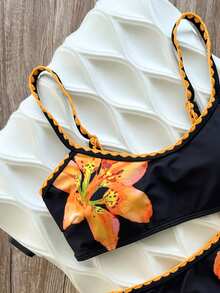 Swim Mod 女款兩件式泳衣套裝，花卉印花，細肩帶，露背，夏季度假海灘 - 彩色 - 查看 5