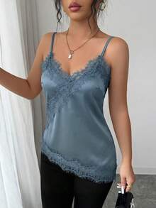 Rafferiza Women's Elegant French Lace Patchwork Asymmetric Hem Camisole - Dusty Blue - View 3