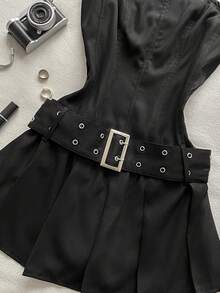 Attitoon Women's Solid Color Corn Buckle Design Fashionable Date Party Mini Bandeau Dress - Black - View 6