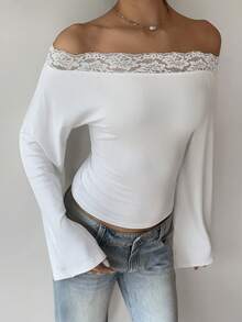 SHEIN PariChic Women's Elegant And Casual White Lace Off-Shoulder Top, Flare Long Sleeve Form-Fitting Tee, Sexy Slim Fit Blouse For Night Out Date Night Street Style - White - View 8