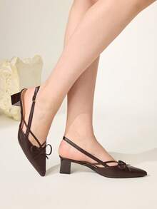 CUCCOO CHICEST Brown Pointed Cross Strap Bow Empty Sandals, Thick Heel, Daily Commuter Temperament Shoes - List one dark brown - View 5
