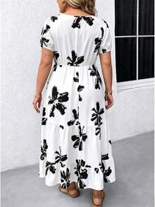 EMERY ROSE Vestido Maxi de Talla Grande con Cuello Cuadrado, Manga Corta, Estampado y Bajo con Volantes para Mujer - Blanco - Ver 2