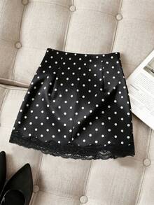 Franclia Women's Black And White Polka Dot High-Waisted Mini Skirt,Ruched Lace Trim,Summer Elegent Date Vacation Outfit,Office Work Casual Commuter Wear Skirt - Black - View 2