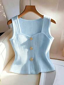 GlowEve CURVE Plus Size Sleeveless Round Neck Front Button Vest - Baby Blue - View 5