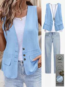 Balvessa Women's Pocket Decor Button Fashion Versatile Vest Jacket - Blue - View 1