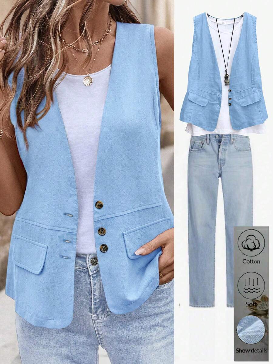 Balvessa Women's Pocket Decor Button Fashion Versatile Vest Jacket - Blue - View 1