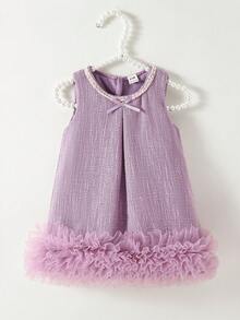 SHEIN Glamorique Kids 女嬰婚禮季花童優雅小蝴蝶結3D荷葉邊洋裝，適合宴會、派對、生日、度假、拍照、夏季 - 紫色 - 查看 4