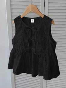 SHEIN Tween Girl Casual Daily Vacation Textured Jacquard Front Bow Top - Black - View 5