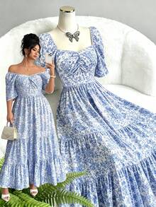 Elenzga Robe d'été élégante en tissu tressé pour femmes grandes tailles, manches courtes, décontractée, idéale pour les vacances à la plage - Bleu et Blanc - Voir 1