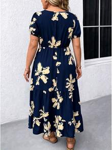 EMERY ROSE Vestido Maxi de Talla Grande con Cuello Cuadrado, Manga Corta, Estampado y Volantes en el Bajo para Mujer - Azul Marino - Ver 2
