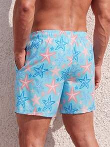 Manfinity Swimmode Men's Colorful Starfish Pattern Drawstring Waist Fashion Beach Shorts Holiday / Vacation / Beach / Hawaii / Tropical / Swim /  Bathing - Baby Blue - View 2