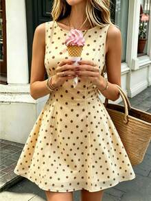 SHEIN PETITE Women's Spring/Summer New Brown Polka Dot Dress, Off-The-Shoulder Neckline, Tie Back Design, Cinched Waist, A-Line, Elegant Vintage Vacation Brunch - Pale Yellow - View 4