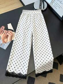 SHEIN PETITE CURVE Plus Size Women's Spring/Summer Loose Casual Everyday Versatile Polka Dot Print Contrast Lace Trim Design Long Pants - Black and White - View 2