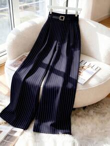 SHEIN PETITE CURVE Bestselling Commuter Striped Versatile Fashion Plus Size Women's Long Pants Fall - Blue and White - View 1