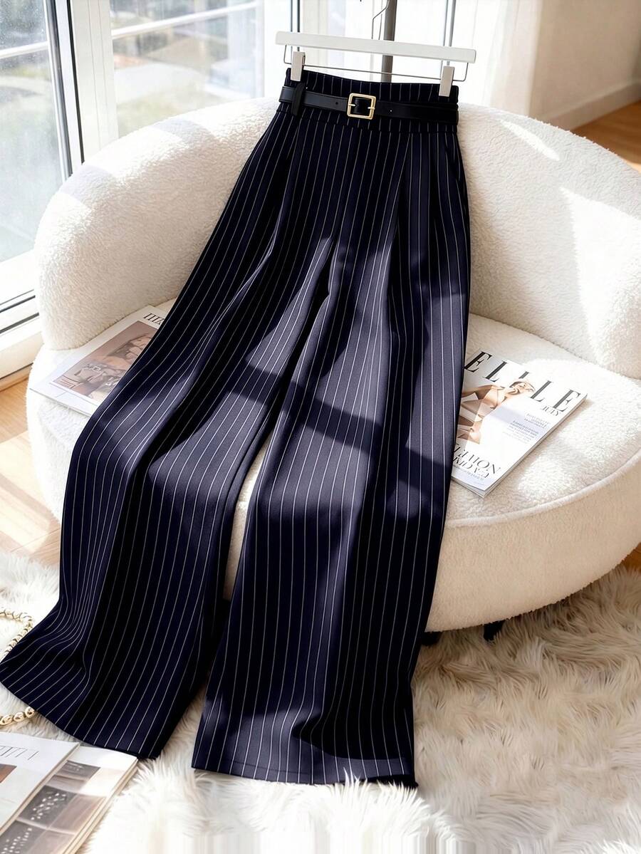 SHEIN PETITE CURVE Bestselling Commuter Striped Versatile Fashion Plus Size Women's Long Pants Fall - Blue and White - View 1