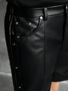 SLATEMANN Men's Black PU Leather Shorts, Rivet Design, Fashionable Versatile Casual Straight Leg Shorts - Black - View 5