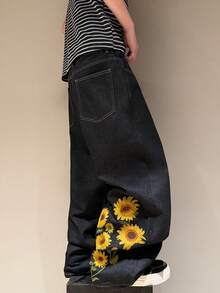 STEELVANCE Celana Jeans Denim Pria Model Saku Kancing Streetwear dengan Desain Bordir, Potongan Longgar dan Lebar - Hitam - View 4