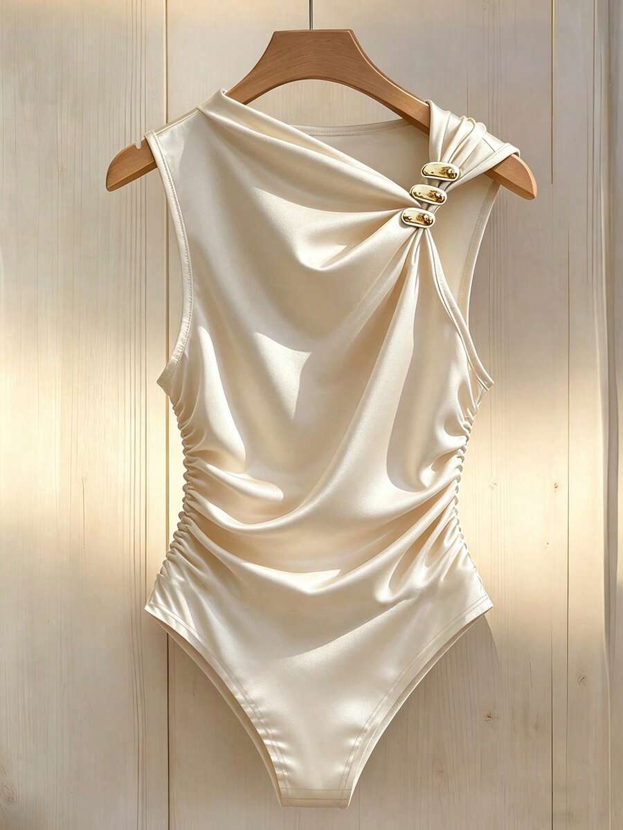 Franclia Asymmetrical Neckline Metal Buckle Decor, Ruched Waist Fitted Bodysuit - Apricot - View 1