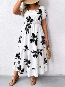 EMERY ROSE Vestido Maxi de Talla Grande con Cuello Cuadrado, Manga Corta, Estampado y Bajo con Volantes para Mujer - Blanco - Ver 4