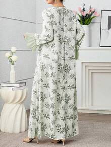 Al Najma Plus Size Women's Floral Print Ruffle Flare Sleeve Dress - Green - View 2