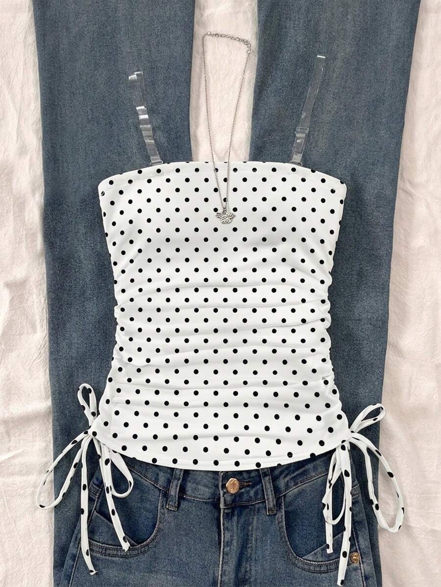 Sparklyn Tween Girl Polka Dot Print Side Drawstring Transparent Strap Camisole - Black and White - View 1