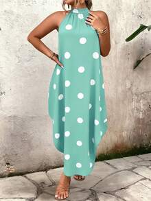 Breezaya Women's Plus Size Summer Zipper Neck Sleeveless Polka Dot Casual Elegant Dress - Green - View 1