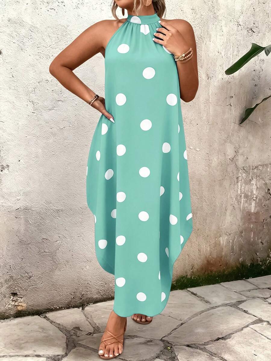 Breezaya Women's Plus Size Summer Zipper Neck Sleeveless Polka Dot Casual Elegant Dress - Green - View 1