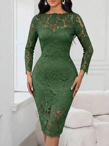 SHEIN Lady 女士纯色长袖蕾丝修身优雅时尚连衣裙 - 墨綠色 - 查看 3