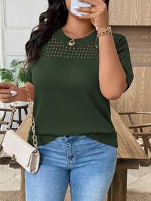 EMERY ROSE Plus Size Casual Hollow Out Round Neck Short Sleeve Top Going Out Tops - Dark Green - View 3