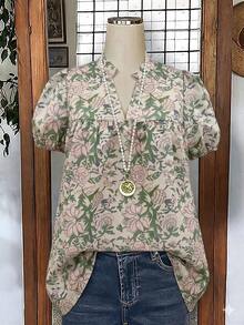 Linhara 女款大尺碼玫瑰粉花卉印花V領荷葉邊領泡泡中袖復古田園風度假休閒通勤日常舒適百搭寬鬆夏季新款襯衫上衣 - 彩色 - 查看 3