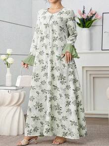 Al Najma Plus Size Women's Floral Print Ruffle Flare Sleeve Dress - Green - View 5
